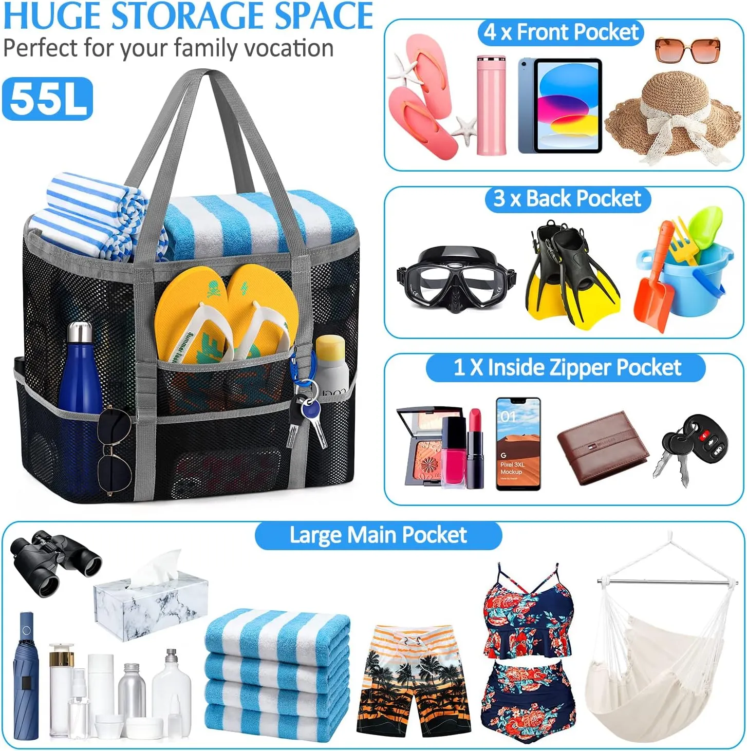 Ayieyill Mesh Beach Bag Tote Bag for Women, Foldable Swim Large Beach Tote Bag with Zipper Pockets Waterproof Sandproof