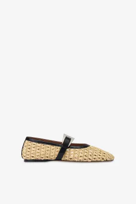 Ballet flats in natural raffia and black leather