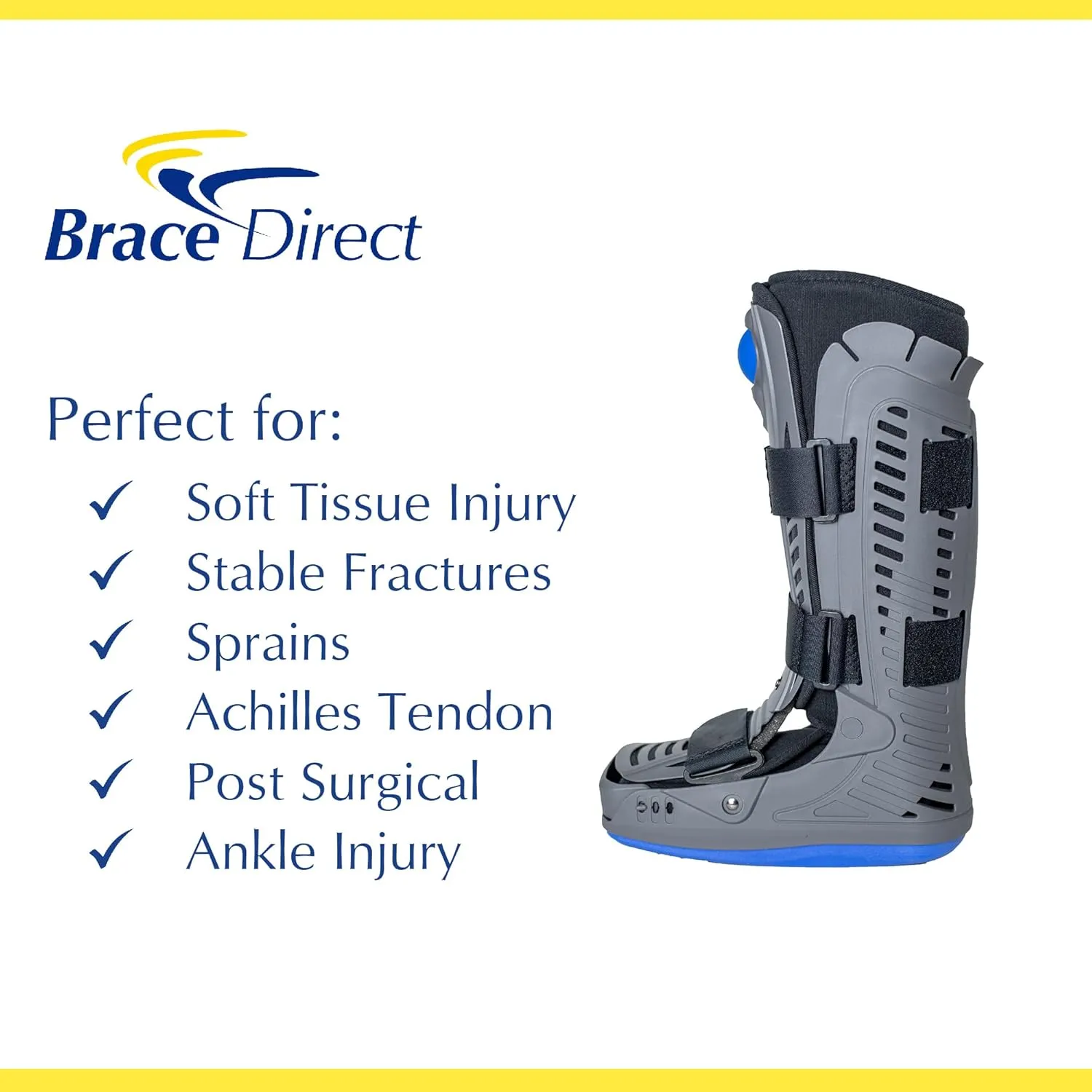 Brace Direct Lightweight Full Shell Walking Boot with Air Pump  Tall Orthopedic Support for Foot & Ankle Fractures, Sprains, Achilles Tendonitis, Medium (US Shoe Men 7.5-10 / Women 8.5-11.5)