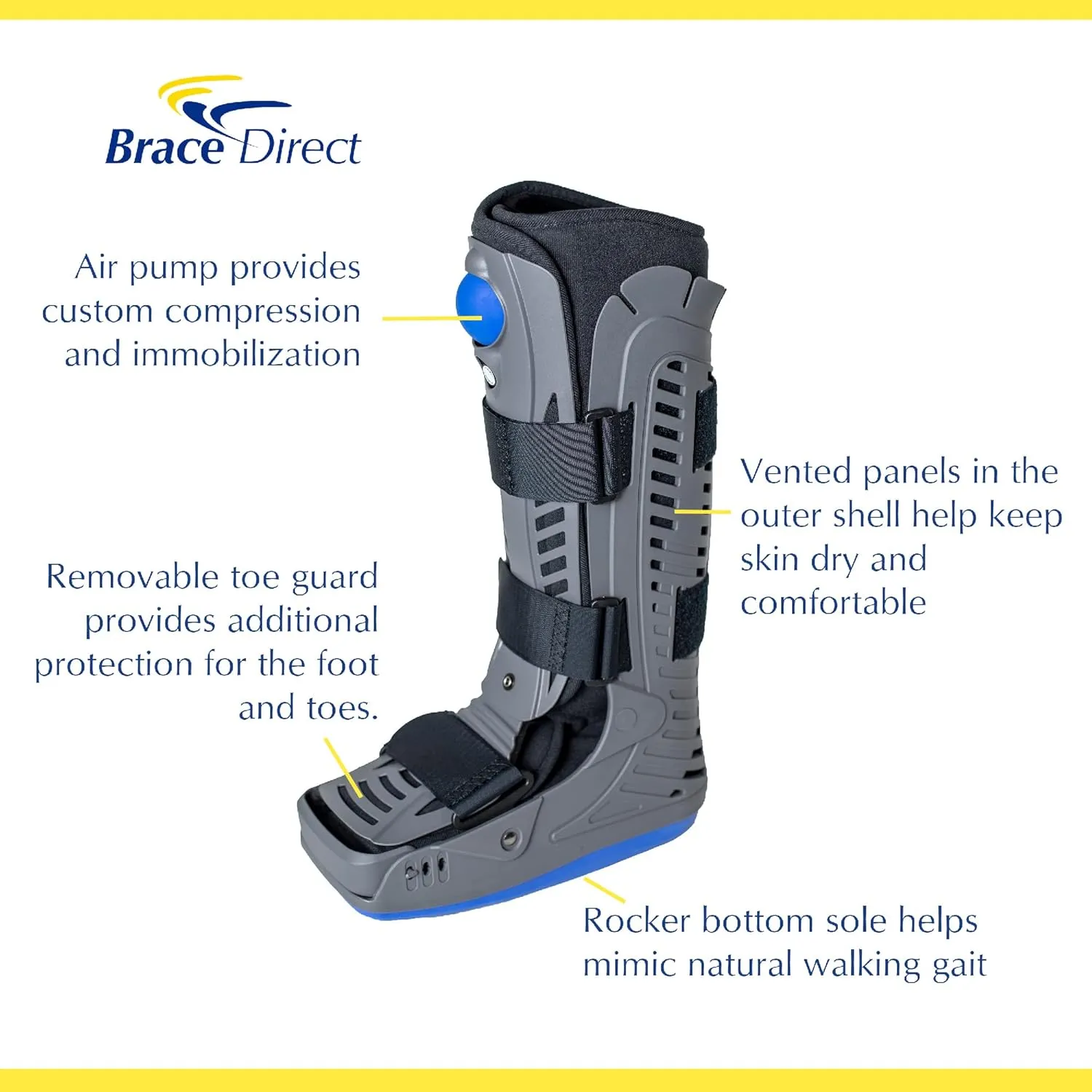 Brace Direct Lightweight Full Shell Walking Boot with Air Pump  Tall Orthopedic Support for Foot & Ankle Fractures, Sprains, Achilles Tendonitis, Medium (US Shoe Men 7.5-10 / Women 8.5-11.5)