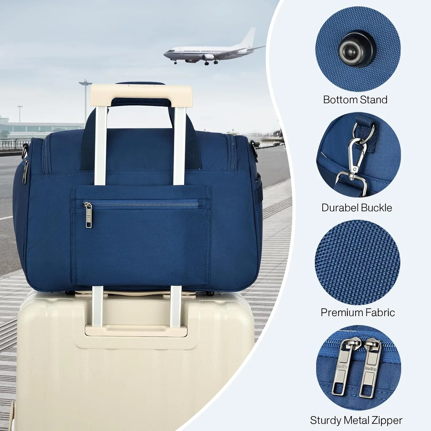 Carry on Duffel Bag Foldable Duffle Bags for Travel, Under Seat Personal Item Bags for Airplanes, Weekender Overnight Mens Travel Tote Bag for Women Small Softside Carry on Luggage (Blue)