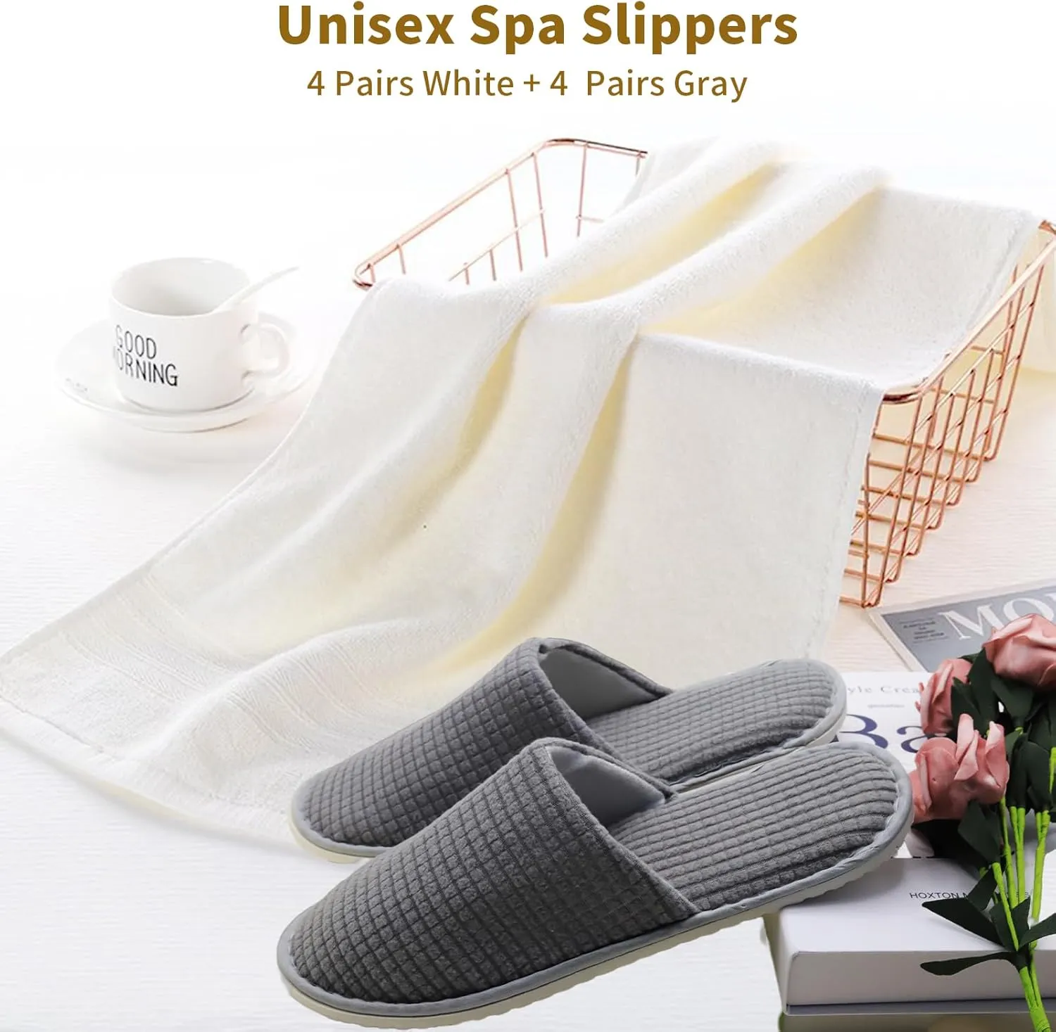 Disposable Slippers for Guests, 8 Pairs, Non Slip, Washable SPA Slippers for Hotel, Guest, Travel, Bride, Women and Men