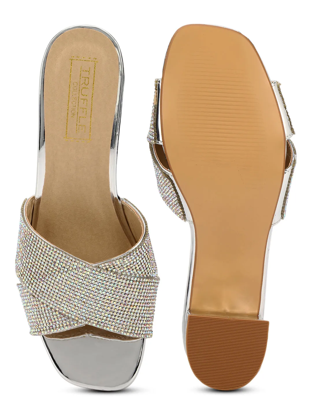 Silver Mirror Crossover Low Block Heels