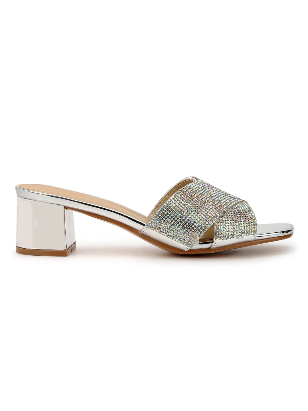 Silver Mirror Crossover Low Block Heels
