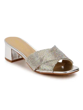 Silver Mirror Crossover Low Block Heels