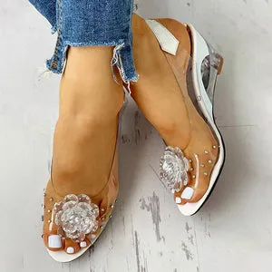 Sohiwoo  Women's Summer Flower Sandals Rhinestone Elegant Clear Slingback Sandals