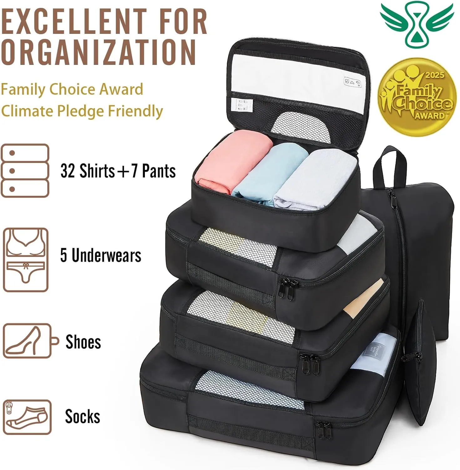 Veken 8 Set Packing Cubes for Travel Essentials, Suitcase Organizer Bags Set for Luggage, Road Trip Travel Accessories in 4 Sizes (Extra Large, Large, Medium, Small), Black