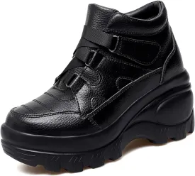 Women's Leather Orthopedic Chunky Platform Ankle Boots with Hook Loop Retro Comfortable Round Toe Arch Support Wedge Booties Casual Anti-slip Daily Work Walking Shoes